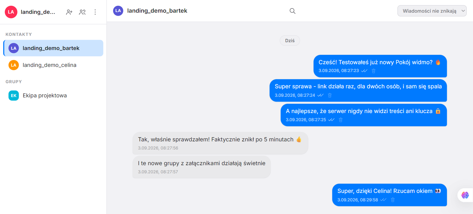 Rozmowa 1:1 w Secure Chat, w pełni zaszyfrowana
